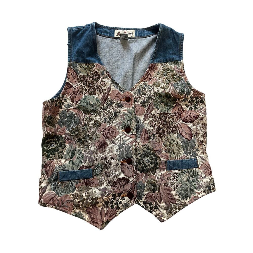 Vtg 90s Abandon Floral Tapestry Denim Vest Medium Boho Whimsigoth Cottagecore
